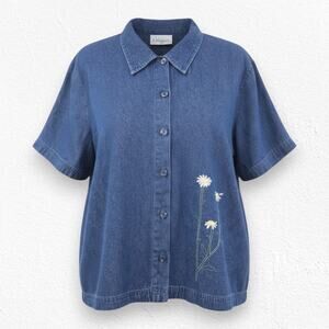 Vintage 90s Vintage Daisy Embroidered Cottagecore Denim Shirt Jacket Size 18